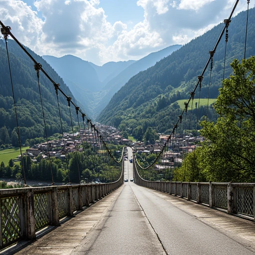 stretches from the foreground towards the background, with its distinctive cable-stayed design, sunlit scene of a small village nestled in the heart of a valley surrounded by dense, its planks made of weathered, showcasing the passage of time and the elements., light gray car, green forests. The village