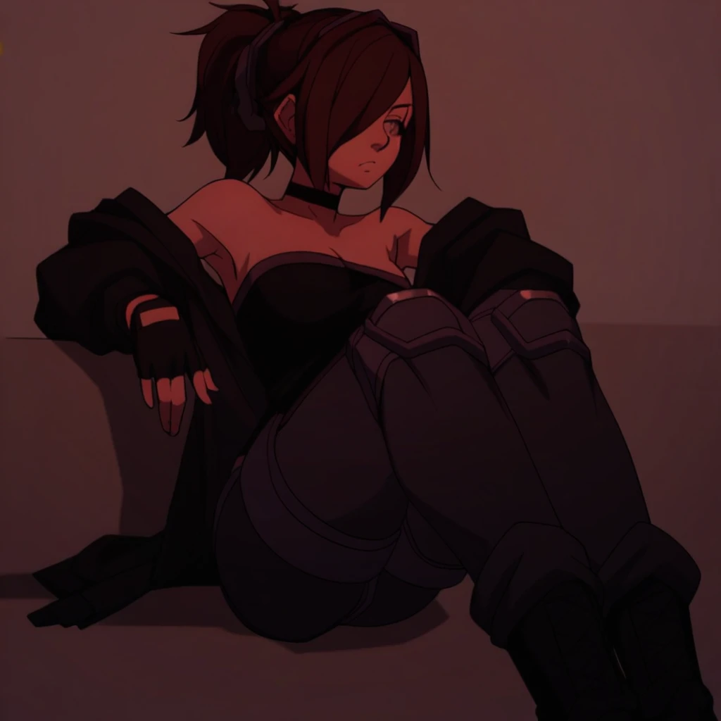 score_9,score_8_up,score_7_up, random_rbg, 1girl, breasts, ponytail, brown hair, solo, brown eyes, hair over one eye,   black choker, strapless, cleavage, bare shoulders, fingerless gloves, off shoulder, knee pads, black footwear, jacket, tube top, 