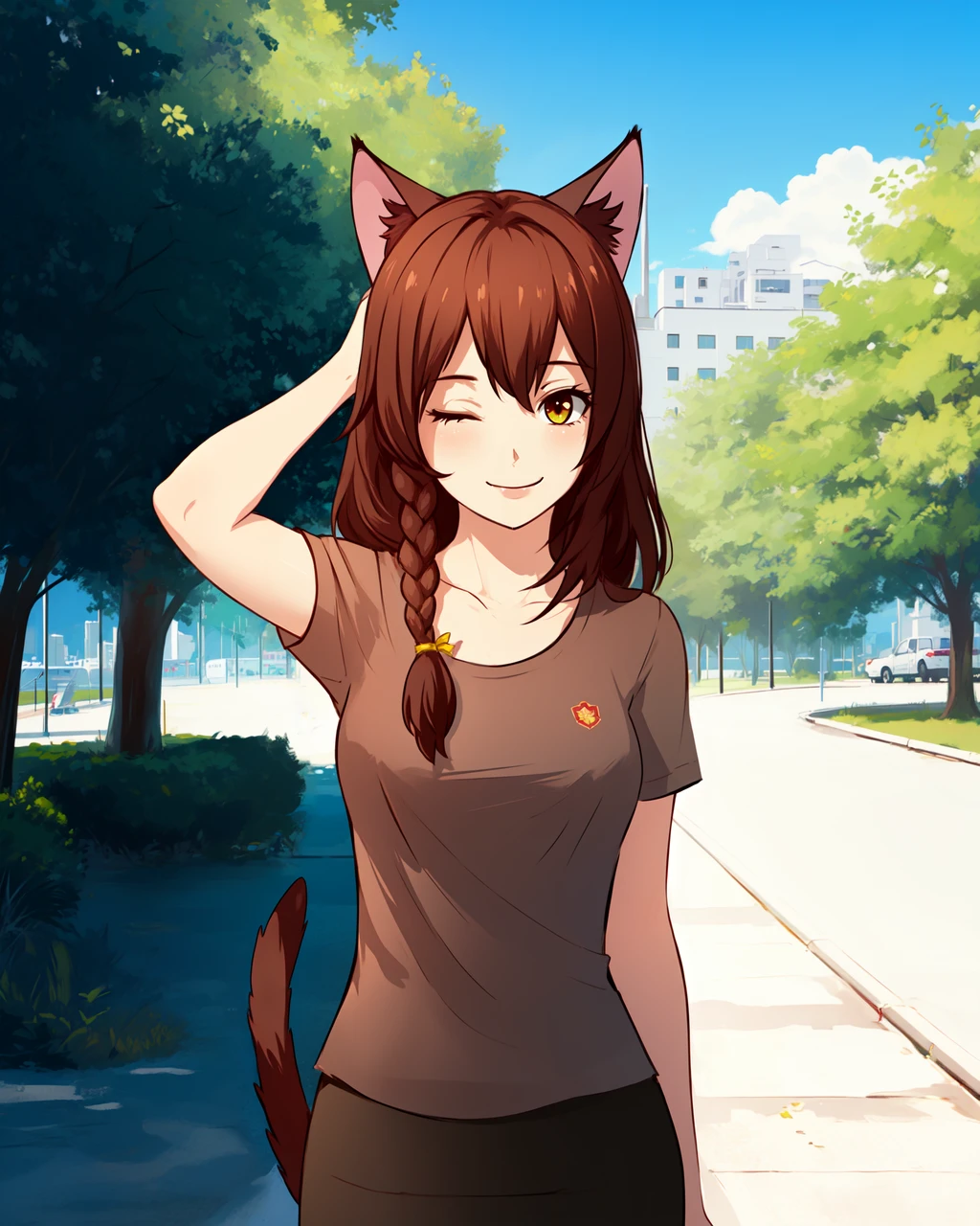 masterpiece, high quality, blyulia, 1girl, upper body, medium shot, brown hair, side braid, cat ears, black t-shirt, grey skirt, cat tail, outdoors, city, park ,day, clouds, sun, dynamic pose, hand behind back, smiling, cinematic lighting, sky, sunglare, hand in hair, (side view:0.85), <lora:blyulia:0.75>