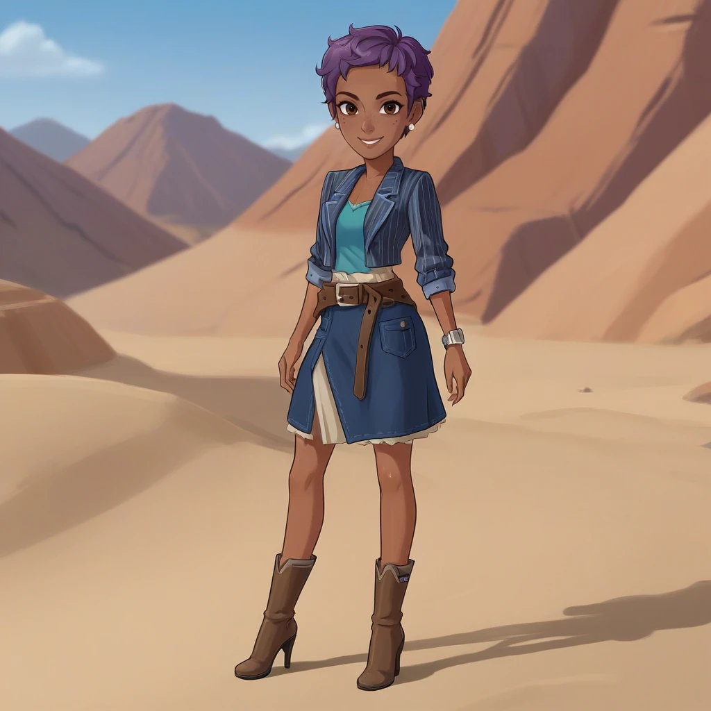 score_9, score_8_up, score_7_up, score_6_up, score_5_up, score_4_up, zPDXL2,source_anime,rating_questionable,  1girl, outdoors, desert, looking at viewer, smile  <lora:Heidi_-_My_Time_at_Sandrock:0.8> Heidi_MTaS,dark-skinned female, short hair, purple hair,  brown eyes, freckles,striped jacket, blue shirt, skirt,brown belt, brown boots, high heels, earrings, bracelet, wristwatch