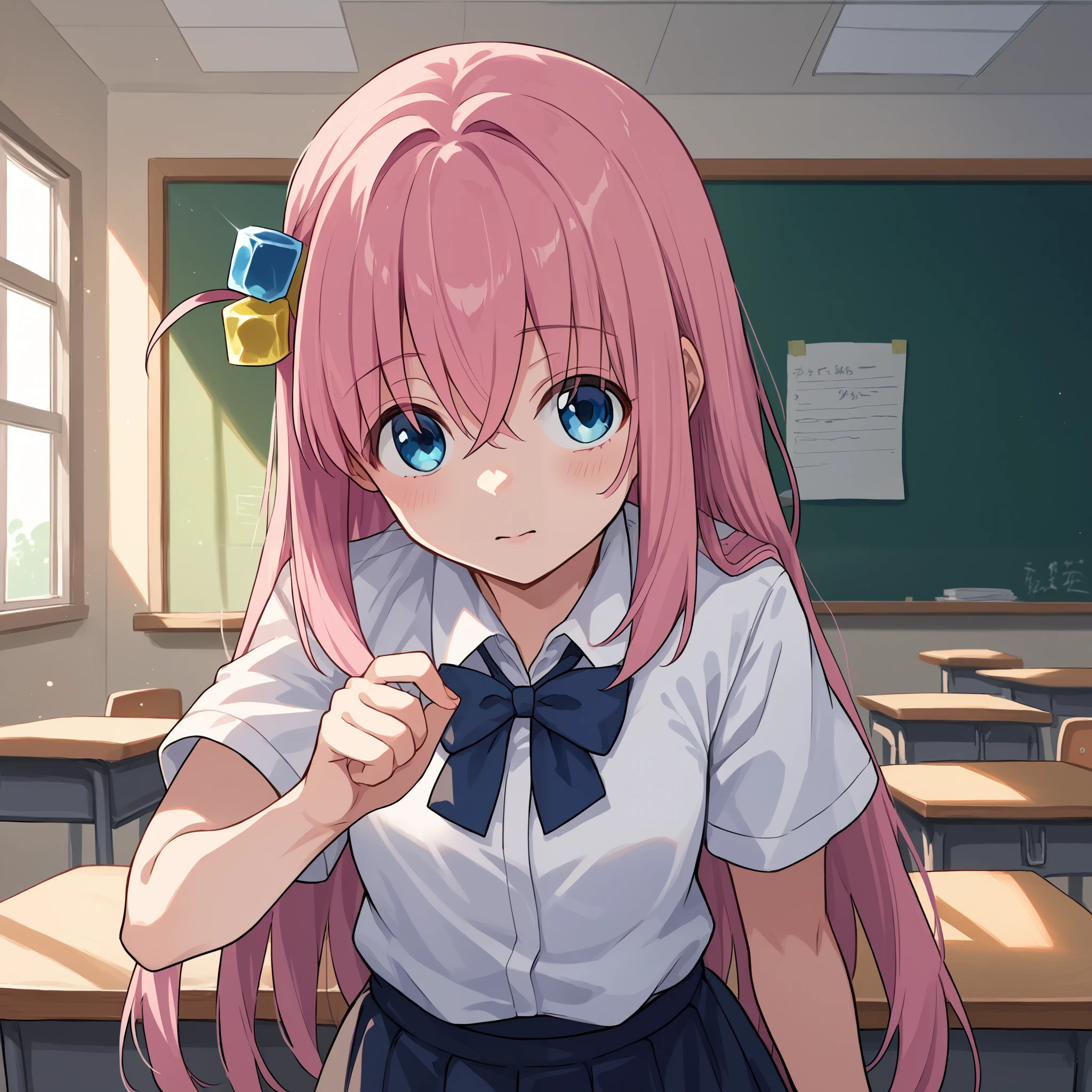 score_9, score_8_up, score_7_up, score_6_up, score_5_up, score_4_up, BREAK source_anime, look at viewer, rating_safe,  1girl, solo, masterpiece, best quality,  bocchidef, blue eyes, pink hair, long hair, cube hair ornament,  school uniform, collared shirt, white shirt, pleated skirt, black pantyhose, short sleeves, classroom, indoors, bow,