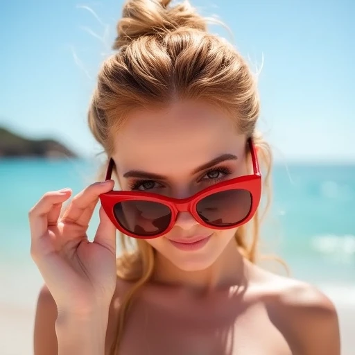 This is a photograph of a young woman with blonde hair pulled back, focusing primarily on their head and upper chest. The subject is a woman with auburn hair styled in a messy updo, bright red cat-eye sunglasses with a playful, This is a photograph featuring a young woman with long, which she is adjusting with her right hand, The image is a photograph featuring a young woman on a sunny beach. She is outdoors, blonde hair. She has light skin and is wearing large