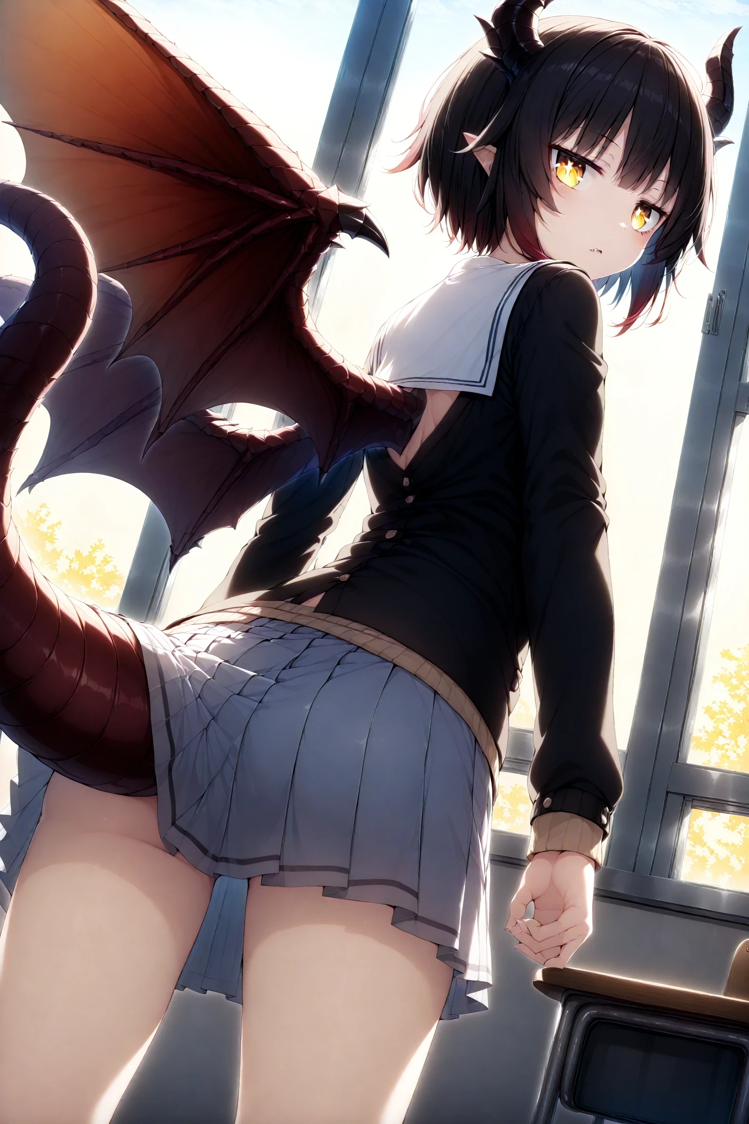 1girl, solo, dragon girl, school uniform, fang, black hair, short hair, jitome, golden eyes, dragon eyes, expressionless, dragon wings, dragon tail, close-up, looking back, from behind, dynamic angle, school, masterpiece, best quality