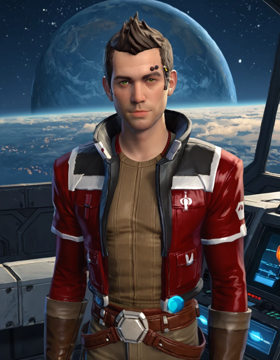 score_9, score_8, score_7_up, score_6, score_5, score_4, detailed eyes, spacecraft, night sky
BREAK 1boy, solo, <lora:Pony - Theron Shan (SWTOR) 2_epoch_13:0.8>, (theronshan, fauxhawk, brown hair, male, olive eyes, face implant, red jacket, brown gloves, brown shirt, belt, brown pants, black boots) close-up, portrait, face, looking at viewer