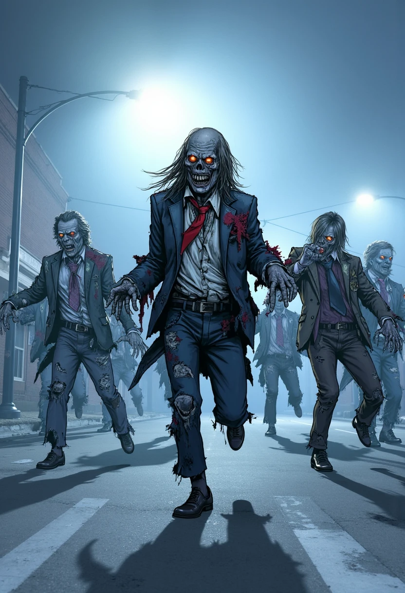 On a fog-covered street, zombies dance with exaggerated, comic-book-style poses. Their torn clothing and grotesque features are highlighted by thick, jagged ink lines, and their eyes are drawn with a piercing glow. Broken streetlights cast fragmented shadows, adding to the eerie, dynamic atmosphere.