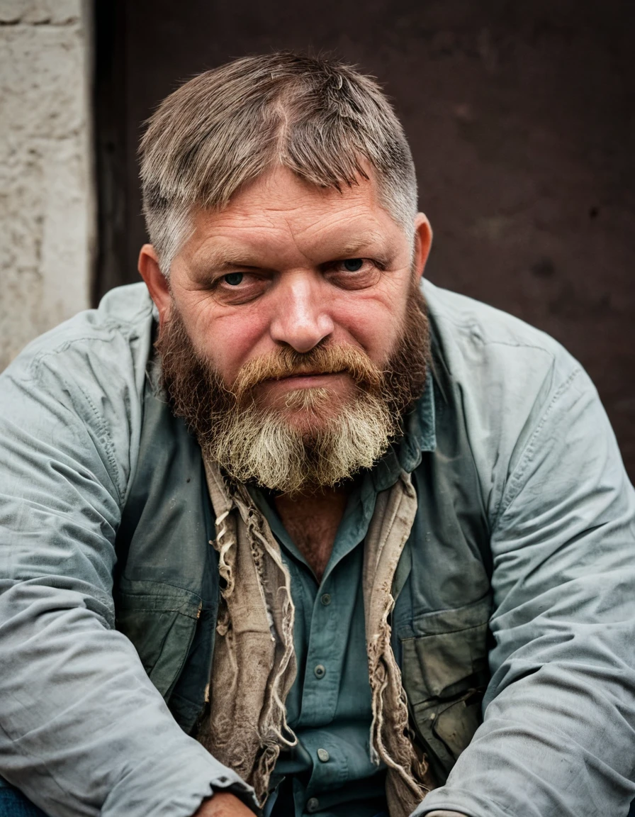 closeup photo, rfico as homeless man, poor, dirty clothes, long beard, sitting on the street corner, disgusting man  <lora:rfico:1>, experimental photography, pushing the boundaries of creativity, unconventional techniques, innovative concepts, artistic exploration, thought-provoking imagery, pushing the boundaries of traditional photography