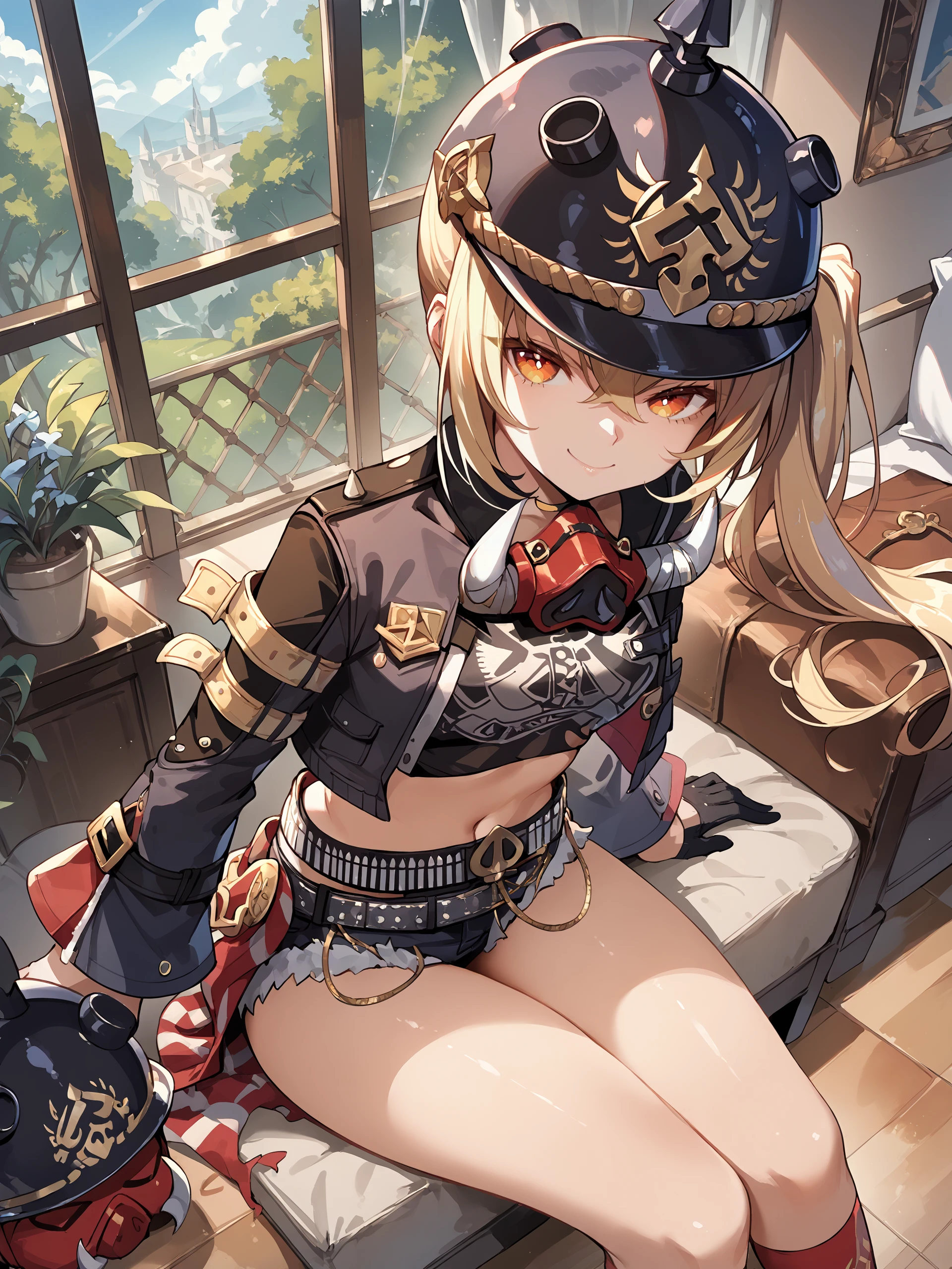 1girl, luciana de montefio, side ponytail, black helmet, cutoffs, half gloves, high belt, cropped jacket, mask around neck, black camisole, sarong, red sock, sitting, bedroom, leaning forward, from above, looking at viewer, smirk <lora:Char-ZZZ-Lucy-Pony-V1:0.9>, score_9, score_8_up, score_7_up, source_anime