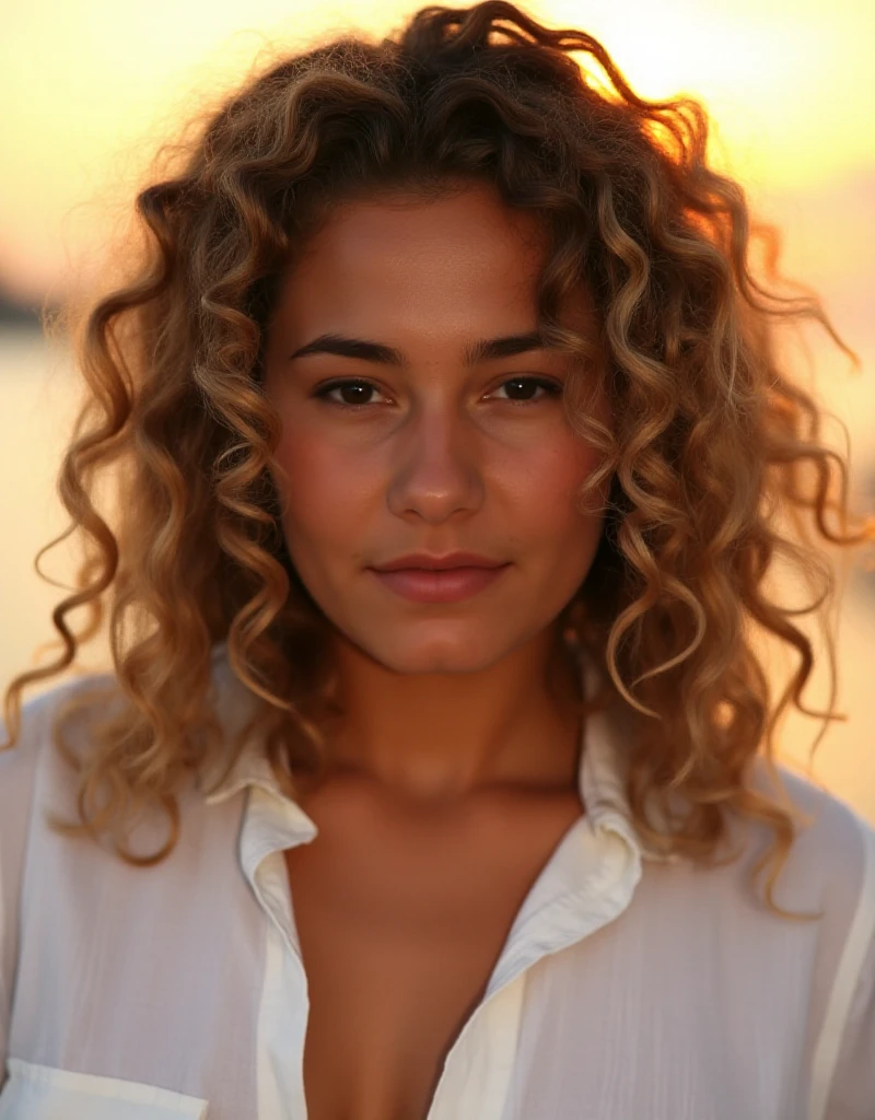 Draghixa, a woman with curly hair, on the beach by sunset. she is wearing a white buttondown shirt. Closeup face portrait  <lora:DraghixaV2:0.9>