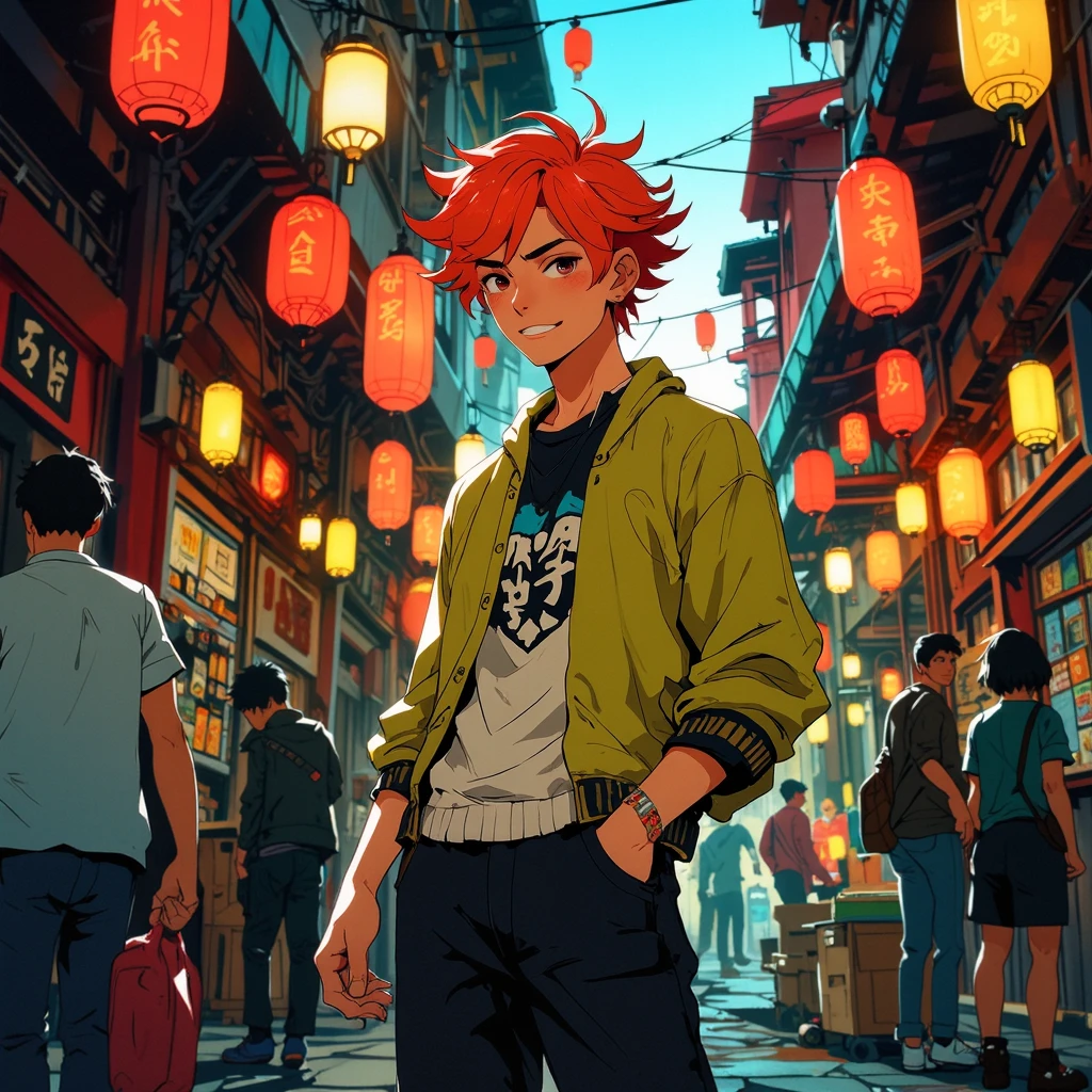 animeniji, anime, niji, (off-center composition, dynamic left aligned composition), A young man with fiery red hair stands in a bustling marketplace, surrounded by colorful stalls and vibrant lanterns. He wears a stylish streetwear outfit, with a confident smile on his face. The atmosphere is lively, with people chatting and laughter filling the air, while warm lights illuminate the scene.