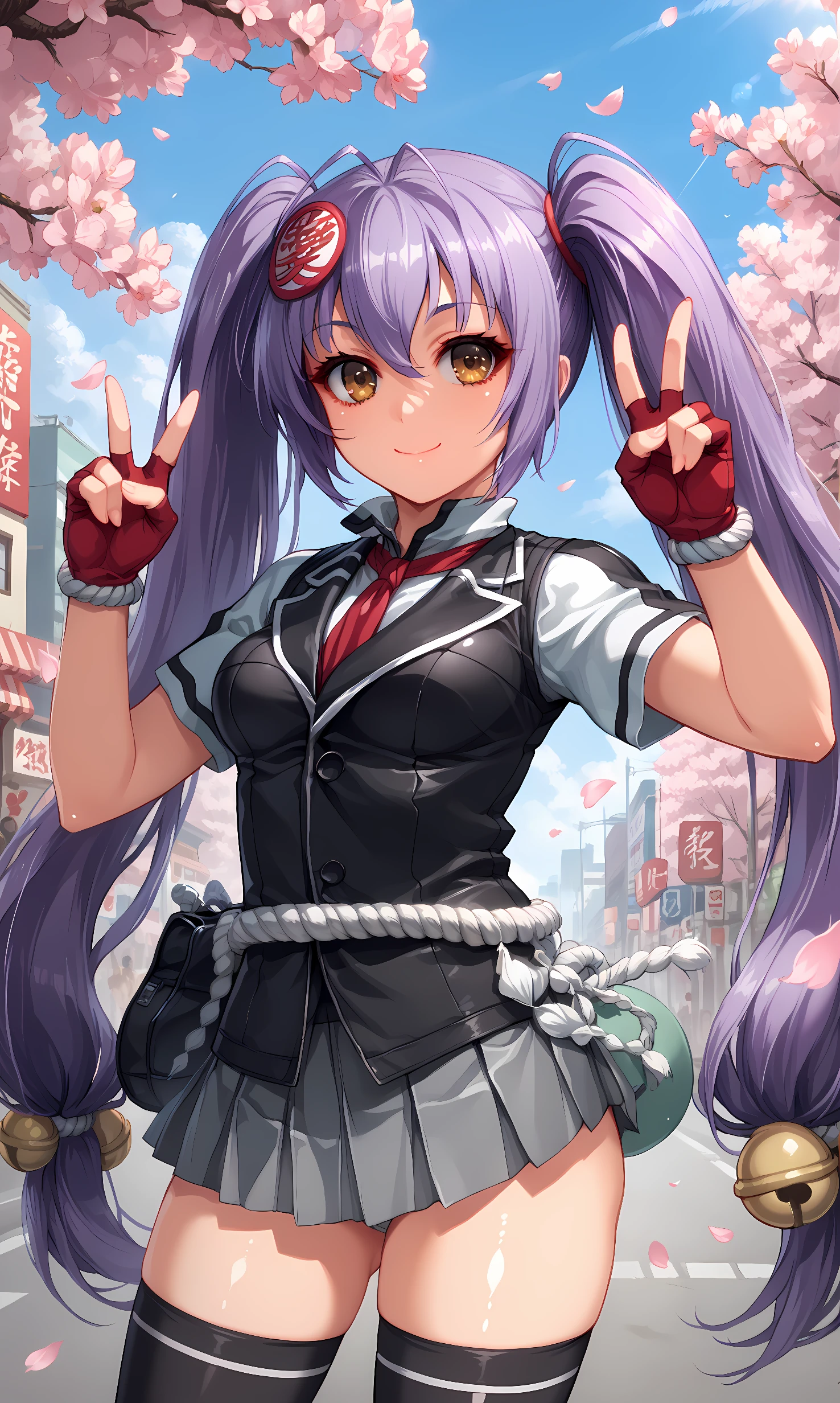 score_9, score_8_up, score_7_up, source_anime, 1girl, solo, outdoors, street, cherry blossoms, cowboy shot, standing, looking at viewer, shiny skin, naoe_kanegutsu, brown eyes, purple hair, very long hair, twintails, hair bell, hair ornament, white shirt, short sleeves, black vest, rope, grey skirt, pleated skirt, black thighhighs, necktie, red gloves, fingerless gloves, closed mouth, smile, double v