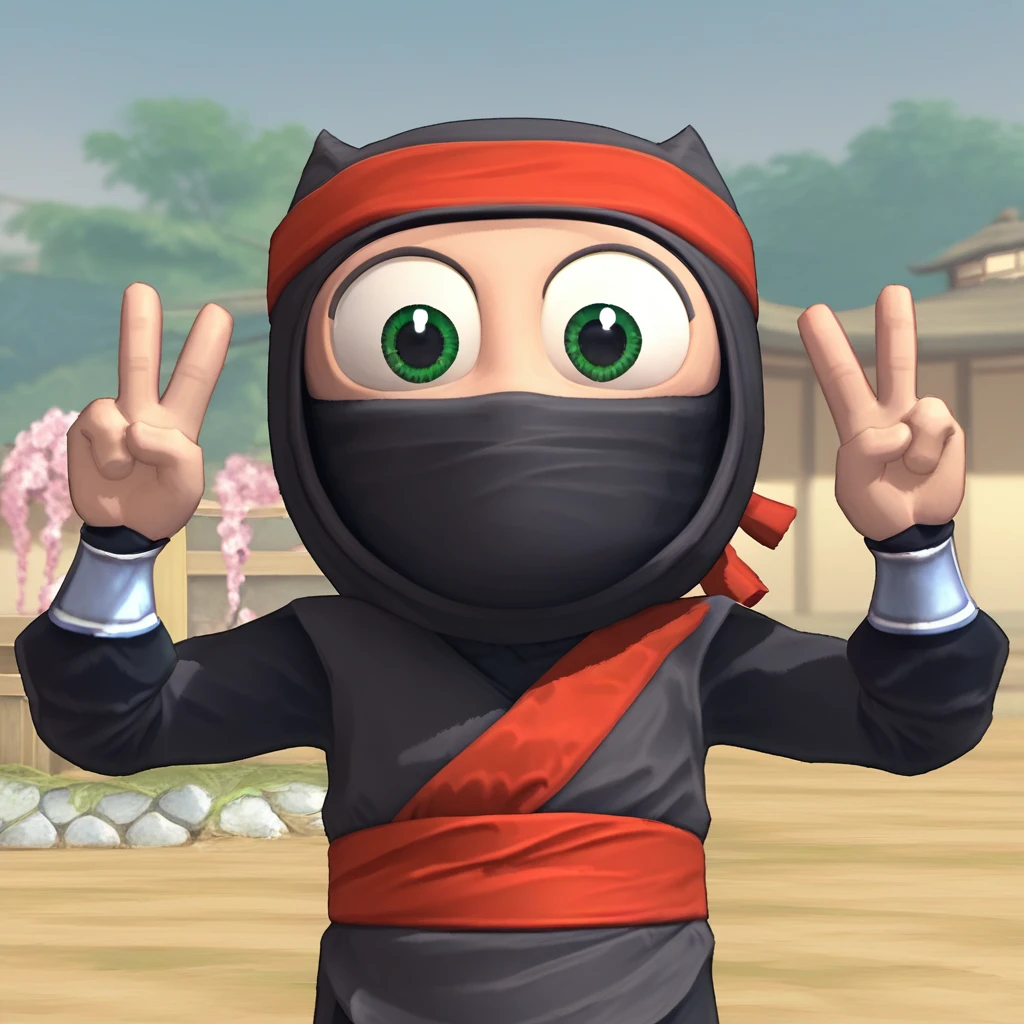 score_9_up, score_8_up, BREAK, ClumsyNinja, 1boy, solo, green eyes, red headband, mouth mask, ninja gi, cowboy shot, <lora:ClumsyNinja_PXL_Leaf1:1>, double v,