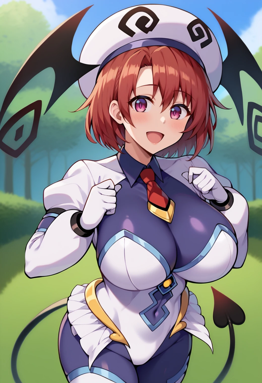 score_9, score_7_up, hd, (ultra hd quality details), source_anime, outdoors,
solo, 1girl, cwgrl, purple eyes, red hair, short hair,  large breasts, huge breasts, 
lalabodysuit, blue bodystocking, hat, demon wings, demon tail, white leotard, puffy sleeves, white gloves, red necktie, showgirl skirt,
looking at viewer, blush, smile, open mouth, 
hands up,
<lora:_lalas_bodysuit-elesico-pony-05:1>  <lora:cowgirl-gs-richy-v1_pdxl:1>