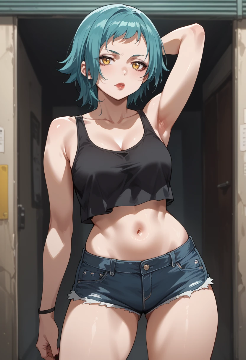 score_9, score_8_up, score_7_up, score_6_up, source_anime, absurdres, highres, 
standing, thighs focus, arm behind head, looking at viewer,
takizaki rina, 1girl, solo, aqua hair, yellow eyes, short hair, black tank top, collarbone, midriff, navel, makeup, short shorts, denim, goth fashion, (half-closed eyes:0.8), <lora:Rina_Takizaki__Psycho-Pass:0.8>