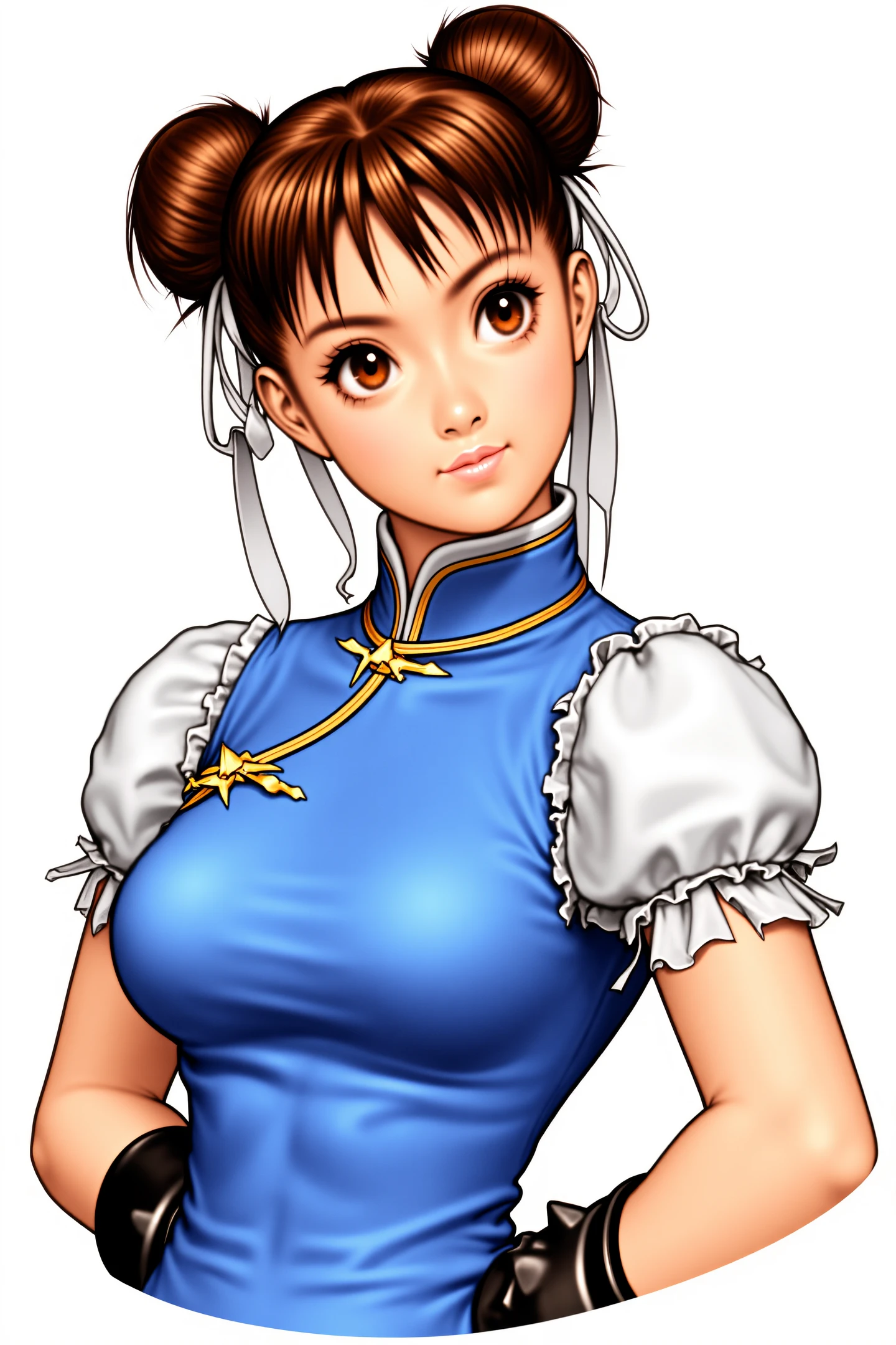 The image is a digital drawing in a vibrant,anime-inspired style. It features Chun-Li,a character from the Street Fighter video game series. Chun-Li is depicted as a young woman with a confident and determined expression. She has fair skin and large,expressive brown eyes. Her hair is styled in two high buns adorned with white ribbons,and she wears a blue traditional Chinese qipao dress. The qipao is a form-fitting,high-necked dress with puffed sleeves and golden trim. Her wrists are adorned with black,spiked wristbands. 
<lora:shinkiro_FLUX:1>,