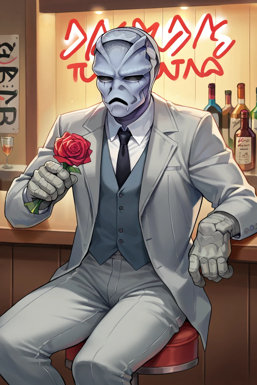 score_9, score_8_up, score_7_up BREAK putty, 1boy,alien, solo, grey skin, black eyes, solid eyes, no nose, stone hands,grey suit,grey jacket, white collared shirt,grey pants, black necktie,holding rose,indoors,bar,neon sign,shelf,sitting, (from side:0.7), looking at viewer, pov, stool,holding,night, dark, <lora:PuttiesPony:1>