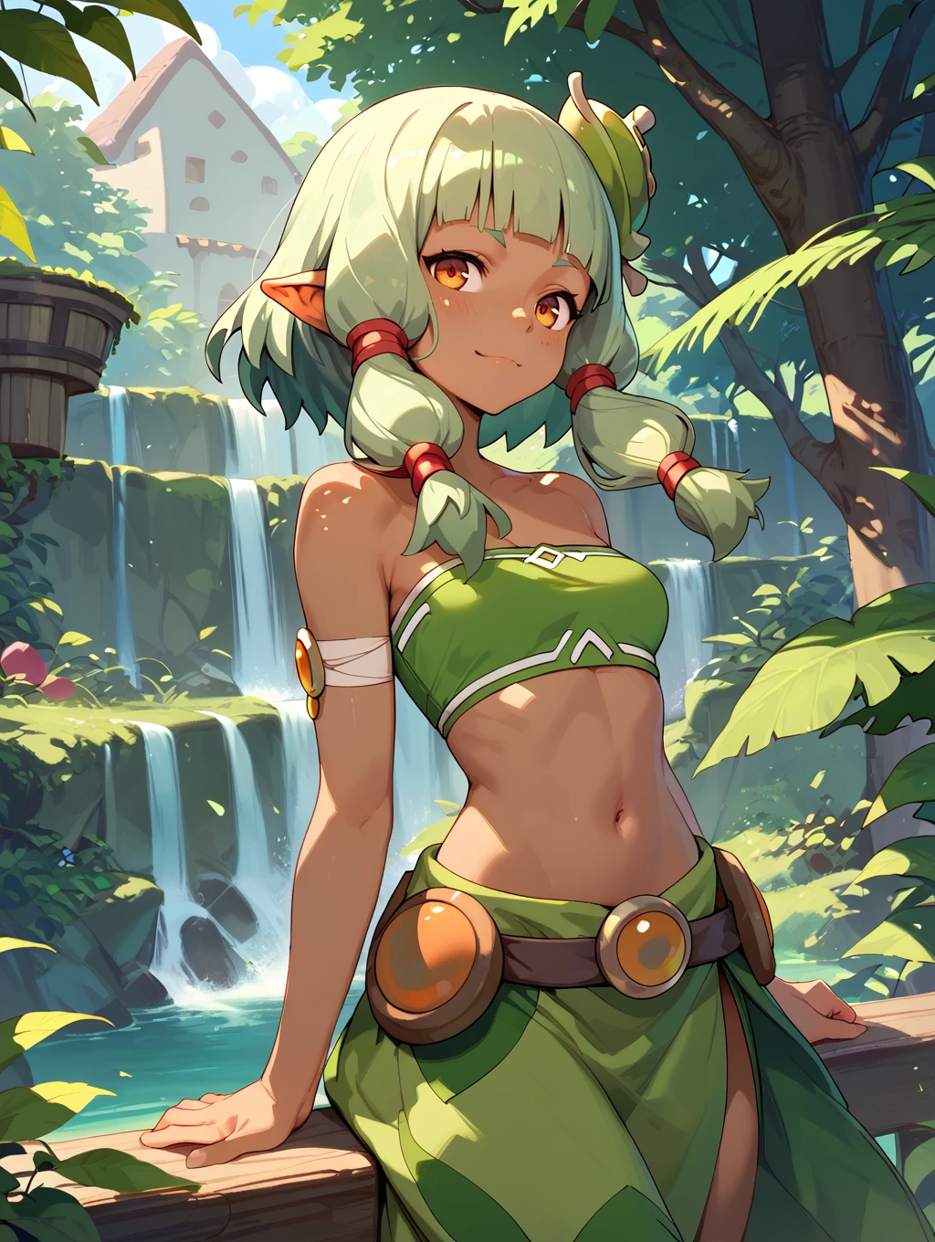 score_9, score_8_up, score_7_up, score_6_up, score_5_up, wakfu, 1girl, green hair, dark skin, midriff, leaf skirt, hair ornament, tube top,