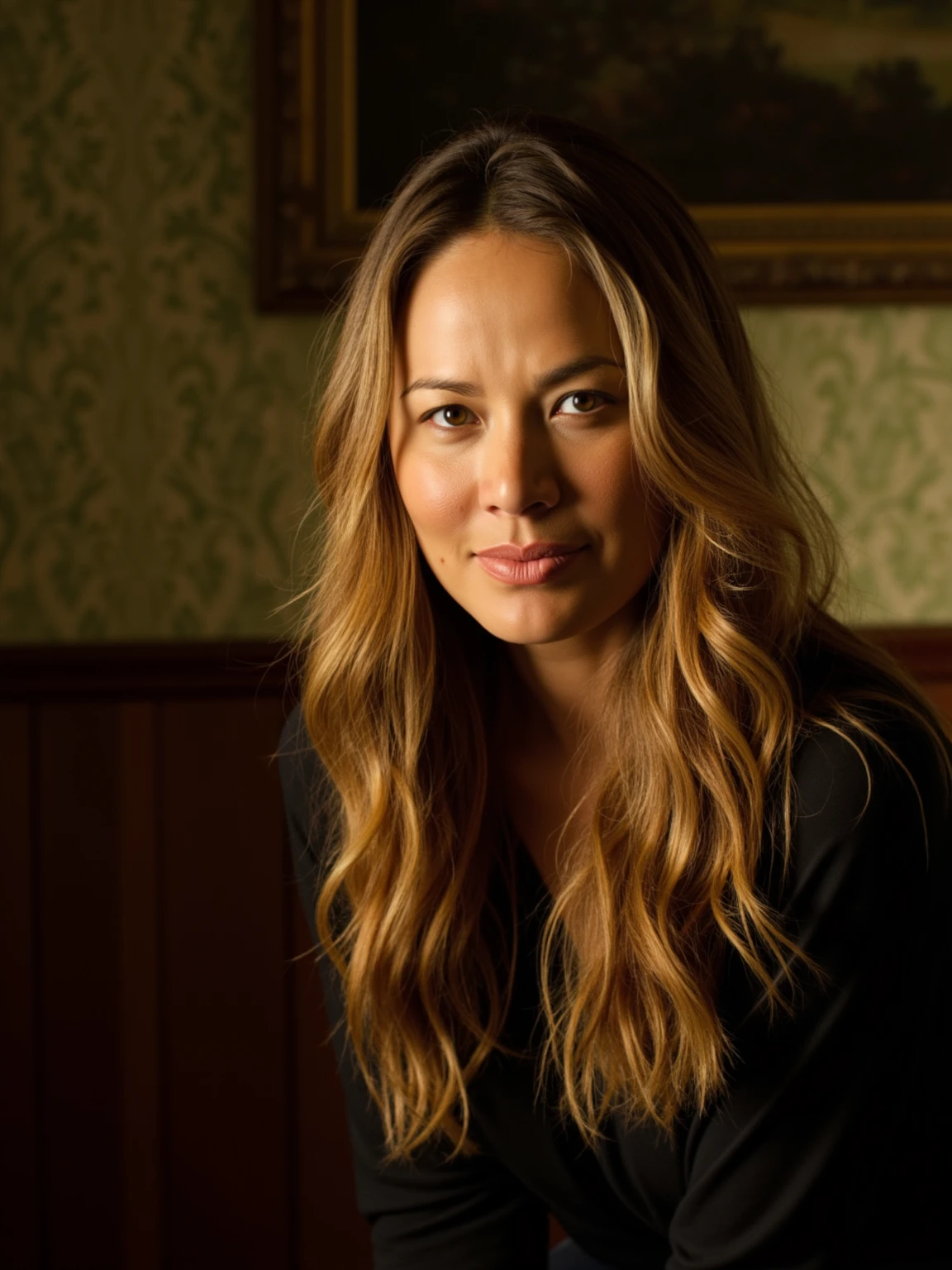 The image is a high-resolution photograph of MoonBG, a woman in her early 30s with a warm, natural light bathing her face and shoulders. She has a light olive skin tone and long, wavy hair that cascades down her right shoulder in a golden-blonde color, suggesting a mix of blonde and brown hues. Her hair is styled in loose curls that frame her face. She has a serene expression, with her lips slightly curved in a gentle smile, and her eyes, a warm brown, are gazing directly at the camera. She is wearing a simple, dark-colored top, likely black, which contrasts nicely with her skin and hair. 
The background reveals a dimly lit, vintage setting, with a wooden panel on the lower part of the wall and a patterned wallpaper above it. The wallpaper has a subtle, ornate design in shades of green and cream.
<lora:Moon-Bloodgood_Flux1D_LOREVER:1>