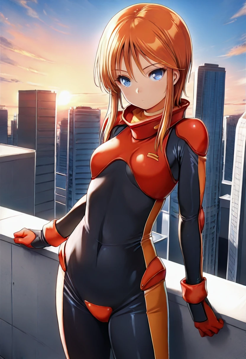 masterpiece, best quality, ultra detailed, highres, 1girl,solo, <lora:pletwo_ill:1> ple-two, orange hair, sidelocks, short hair, blue eyes, hair between eyes, bodysuit, pilot suit, skin tight, gloves,cowboy shot, standing,sky, rooftop, outside, building,straight-on