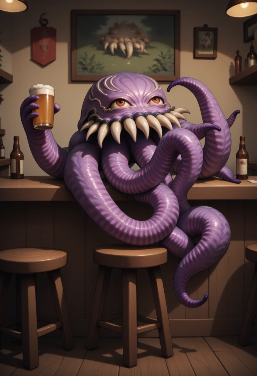 <lora:Ultros_-_Final_Fantasy_FLUX:1>
Photograph of a creature named Ultros, purple octopus with 8 tentacles, sitting on a stool in a pub, getting drunk and drinking beer