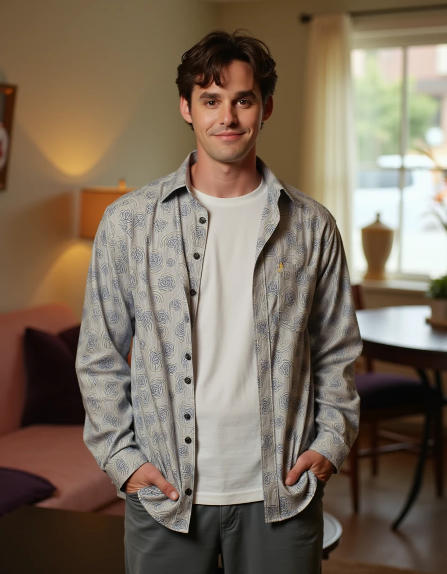 <lora:Xander_Harris_Flux:1> This photograph features a young man mid 20's standing indoors, hair styled neatly, slightly tousled manner. wearing a loose long sleeve shirt with a repeating pattern, t-shirt and slacks. Looking at the viewer, smile