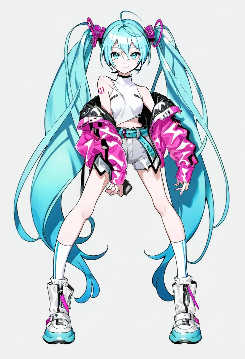 anime style, modern anime still, flat colors, fine outlines, (masterpiece, best quality), woman, punk, long hair, torn punk [legwear|shorts], freckles, tinted glasses, asymmetrical punk fashion, japanese sneakers, kneepads, skinny toned athletic hourglass body, standing, posing, white background, third angle view <lora:stylesqueeze_v2_xl:1>
