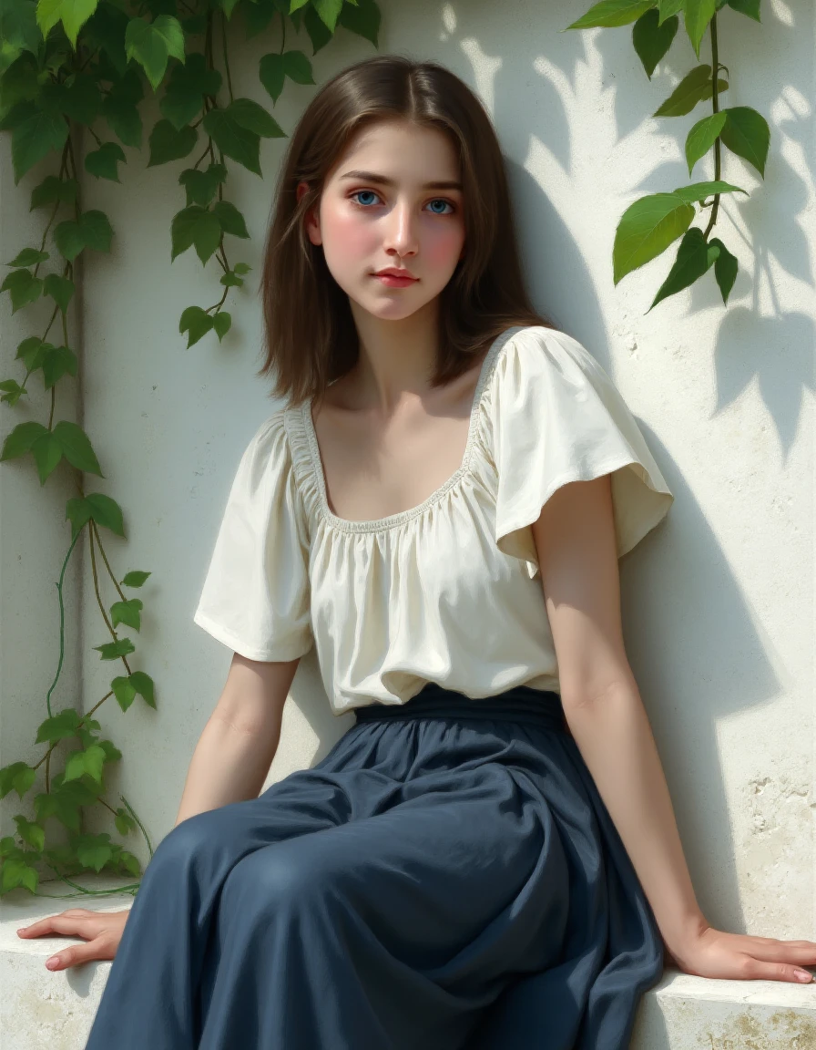 This is a digital painting by artist Lefebvour, featuring a young woman with a fair complexion and straight, shoulder-length brown hair. She has large, expressive blue eyes and a neutral expression, gazing directly at the viewer. Her lips are slightly parted, and she has a natural, unadorned appearance with minimal makeup. She is sitting on a white stone ledge, her posture relaxed yet poised. She wears a simple, short-sleeved white blouse with a slightly puffed, rounded neckline, and a long, flowing, dark blue skirt that drapes around her legs, creating a soft, fluid texture. 
The background features a white, weathered wall with patches of green ivy and trailing vines, adding a touch of nature to the scene. The wall has a slightly textured surface, suggesting age and weathering. Sunlight filters through the leaves, casting dappled light and shadows on the wall and the woman, creating a serene, almost ethereal atmosphere. The overall style of the painting is highly detailed and realistic, with a soft, painterly quality that enhances the emotional depth of the subject. The composition and lighting emphasize the tranquility and introspective nature of the young woman..Bouguereau style, <lora:Bouguereau_style:1>