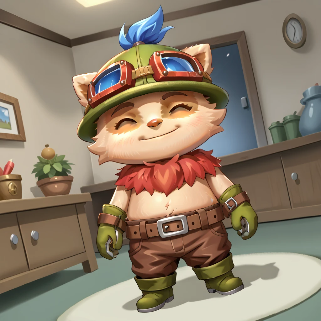 <lora:Expressive_H:0.5> Expressiveh, (dutch angle), standing, (indoors), three-quarter view, <lora:teemo-v1:0.7> wrlolteemob, yordle, (teemo), 1boy, solo, (gnome), cub, green headwear, goggles on headwear, green glooves, belt, brown pants, green boots, blue hair, closed eyes,