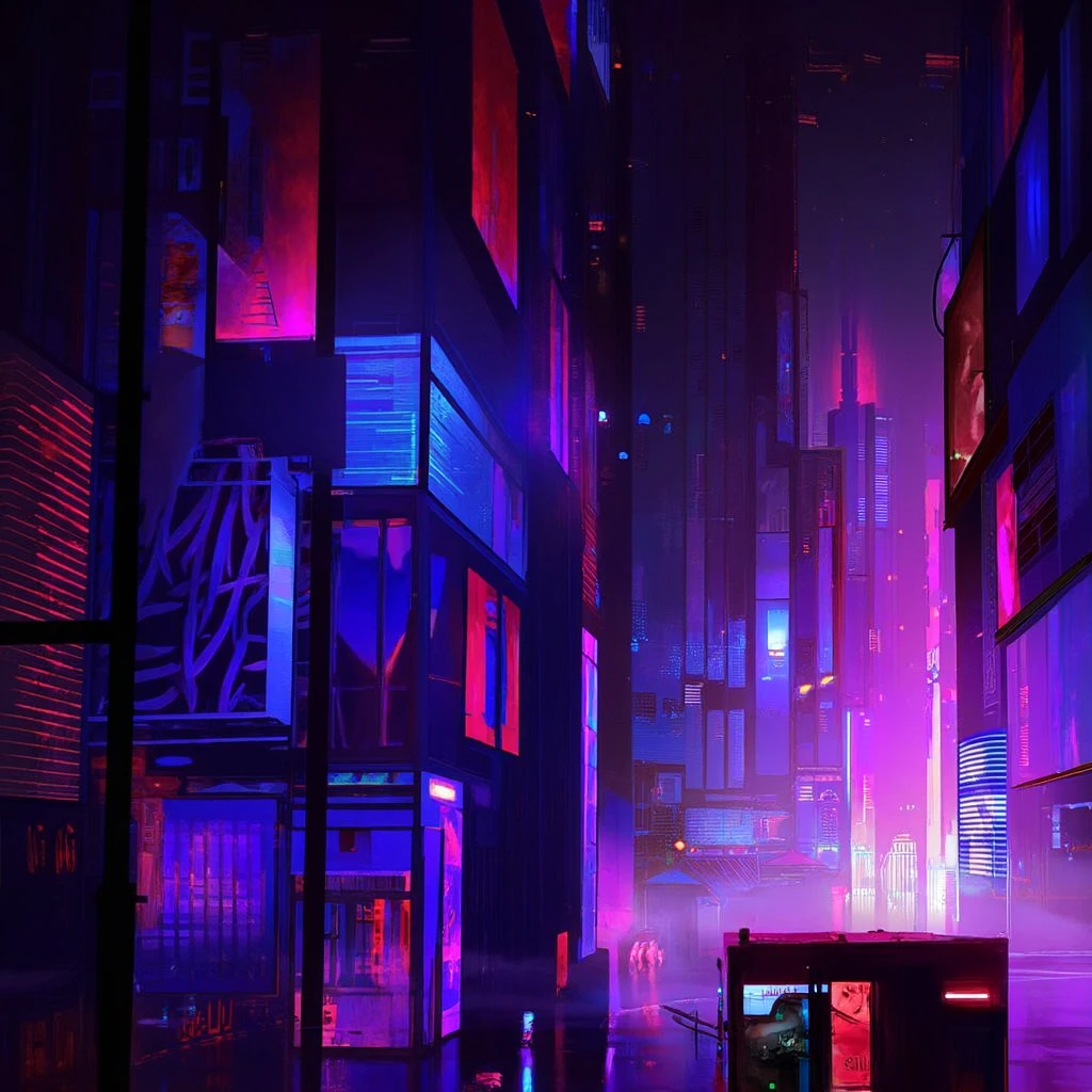 A breathtaking cyberpunk cityscape at night, with towering futuristic skyscrapers illuminated by neon lights in shades of purple, blue, and pink. The buildings are adorned with glowing signs and holographic advertisements, casting luminous reflections on the foggy streets below. The scene exudes a sense of high-tech dystopia, with a dark sky filled with stars in the background, contrasting the vibrant city lights. The atmosphere is moody, with a blend of technology and mystery, reminiscent of classic cyberpunk aesthetics. Adding a sense of grandeur and dominance to the city skyline and atmospheric style of devinellekurtz, <lora:devinellekurtz-style-v3:1.2>