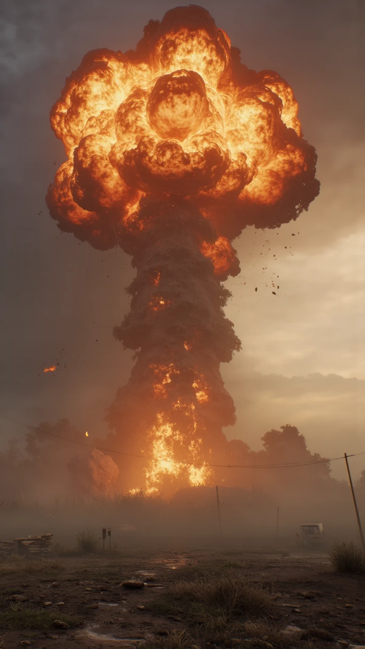 designed by Vincent Desiderio, A massive, colossal explosion engulves the sky, sending plumes of dust and debris flying in all directions. at Sunset, aidmasilenthill