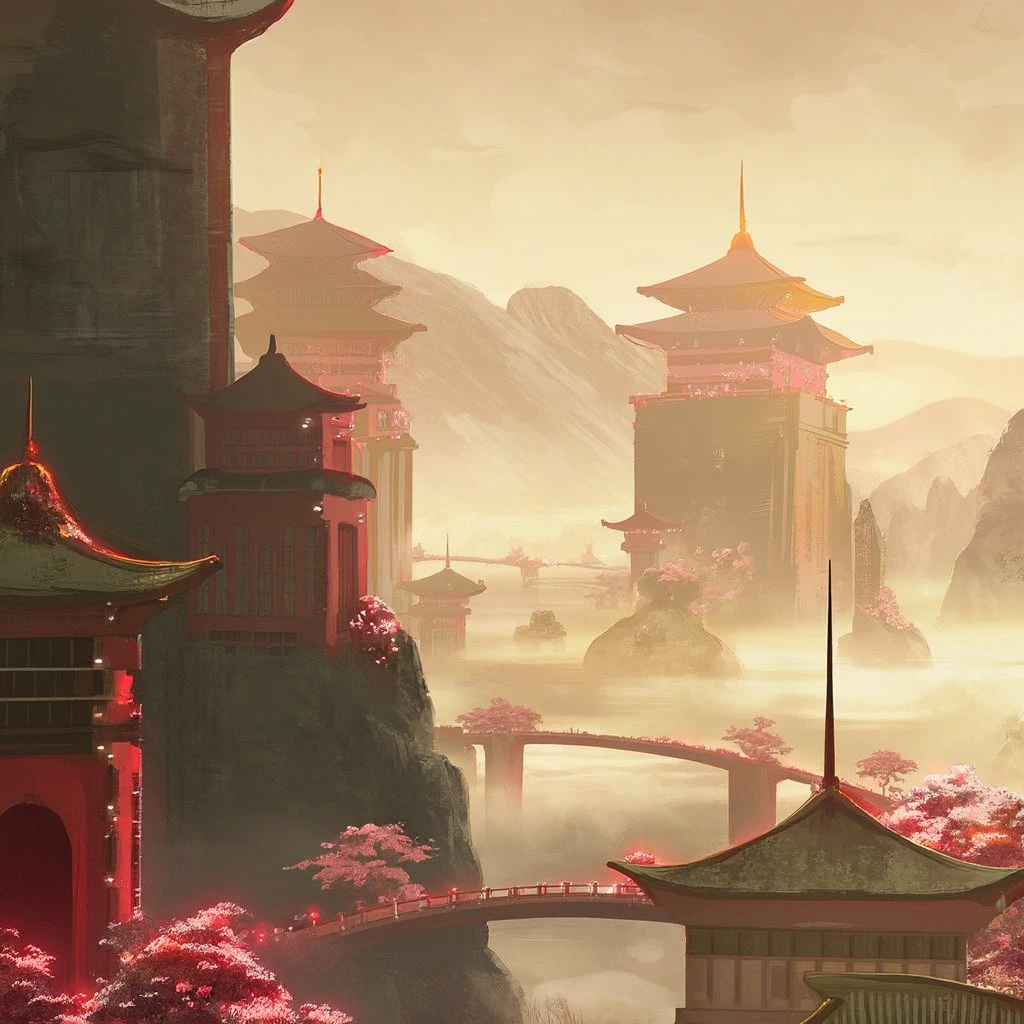 A breathtaking fantasy landscape inspired by ancient Asian architecture, set against towering cliffs and misty mountains. The scene features tall, elegant pagodas with intricate roofs, connected by bridges, adorned with vibrant cherry blossom trees in full bloom. Soft sunlight filters through the mist, illuminating the serene environment. The atmosphere is calm and otherworldly, with a harmonious blend of nature and architecture, huge view, extra detailed, set under a soft, pastel sky atmospheric style of devinellekurtz, <lora:devinellekurtz-style-v3:1.2>