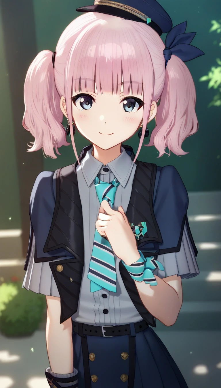 score_9,score_8_up,score_7_up,score_6_up BREAK official art,solo,outdoors,upper body,(portrait:1.5),looking at viewer,facing viewer,smile,blush,Hina,mini hat,blue headwear,medium hair,pink hair,short twintails,hair ribbon,blue ribbon,earrings,sidelocks,blunt bangs,grey eyes,blue jacket,cropped jacket,aqua necktie,striped necktie,short necktie,grey shirt,collared shirt,short sleeves,wristband,shirt tucked in,black belt,belt buckle,blue skirt,pleated skirt,frills,white socks,loafers,<lora:Hina(gbc)-Pony:1.5>,