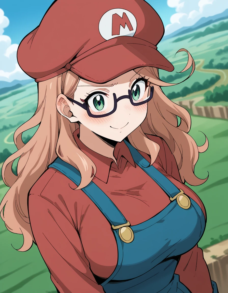 score_9, score_8_up, score_7_up, source_anime, <lora:karameel-100yq-ponyxl-lora-nochekaiser:1>, karameel, long hair, brown hair, green eyes, glasses, large breasts,, <lora:mario-cosplay-ponyxl-lora-nochekaiser:1>, mariocosplay, mario (cosplay), blue overalls, overalls, shirt, red shirt, long sleeves, collared shirt, hat, red hat,, landscape, blush, smile, , dutch angle,