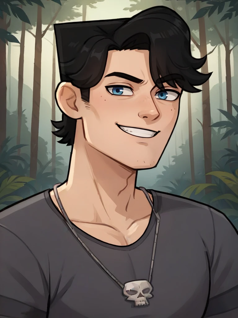 portrait of hunter_DVC man, black hair, skull necklace, confident smile, looking at viewer, blue eyes, forest background   <lora:Hunter_Disventure_Camp:.8>, score_9, score_8_up, score_7_up, <lora:Smooth Anime 2 Style SDXL_LoRA_Pony Diffusion V6 XL:.3>   <lora:add-detail-xl:.8>  zPDXL3,