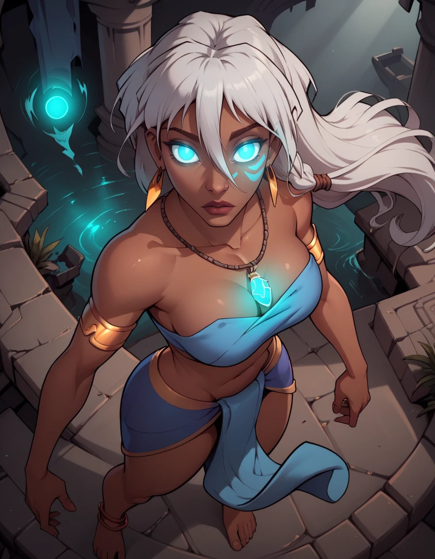 score_9, score_8_up, score_7_up,score_6_up, score_5_up, score_4_up ,
1girl, solo,
large breasts,
keetadg,
long hair, white hair, blue eyes, dark-skinned female,
glowing, glowing eyes, no pupils, floating  barefoot,
 ruins, night,
from above,
loincloth, necklace, earrings, 
 <lora:Keeta DG v01A:0.90>