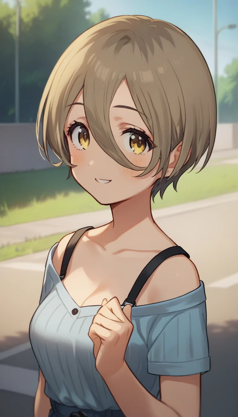 score_9,score_8_up,score_7_up,score_6_up BREAK official art,solo,outdoors,upper body,(portrait:1.5),looking at viewer,facing viewer,smile,blush,Rupa,short hair,brown hair,hair between eyes,parted bangs,yellow eyes,bra strap,black straps,off shoulder,blue shirt,striped shirt,ribbed shirt,short sleeves,medium breasts,denim shorts,white socks,sneakers,<lora:Rupa(gbc)-Pony:1.5>,