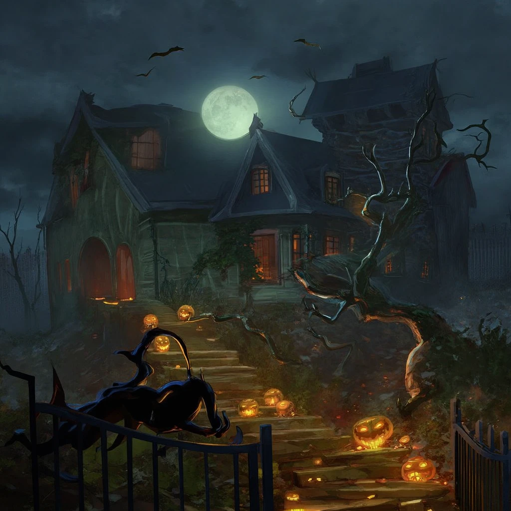 A dark and eerie Halloween scene featuring a spooky haunted house with Gothic architecture, illuminated by a glowing full moon in the background. The house is surrounded by twisted, leafless trees with creeping vines, while glowing jack-o'-lanterns with ominous grins line the pathway leading to the entrance. Bats are flying in the cloudy, foggy sky, adding to the haunting atmosphere. Fallen autumn leaves are scattered across the ground, and a wrought iron fence encloses the mysterious house. The scene evokes a chilling, magical, and mysterious Halloween night and atmospheric style of devinellekurtz, <lora:devinellekurtz-style-v3:1.2>