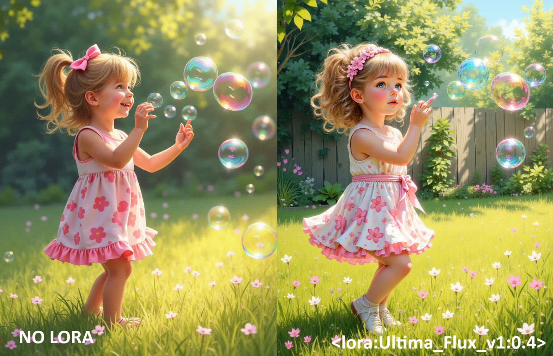 oil painting, girl, 1child, blowing bubbles in a sunny garden, joy, outdoor