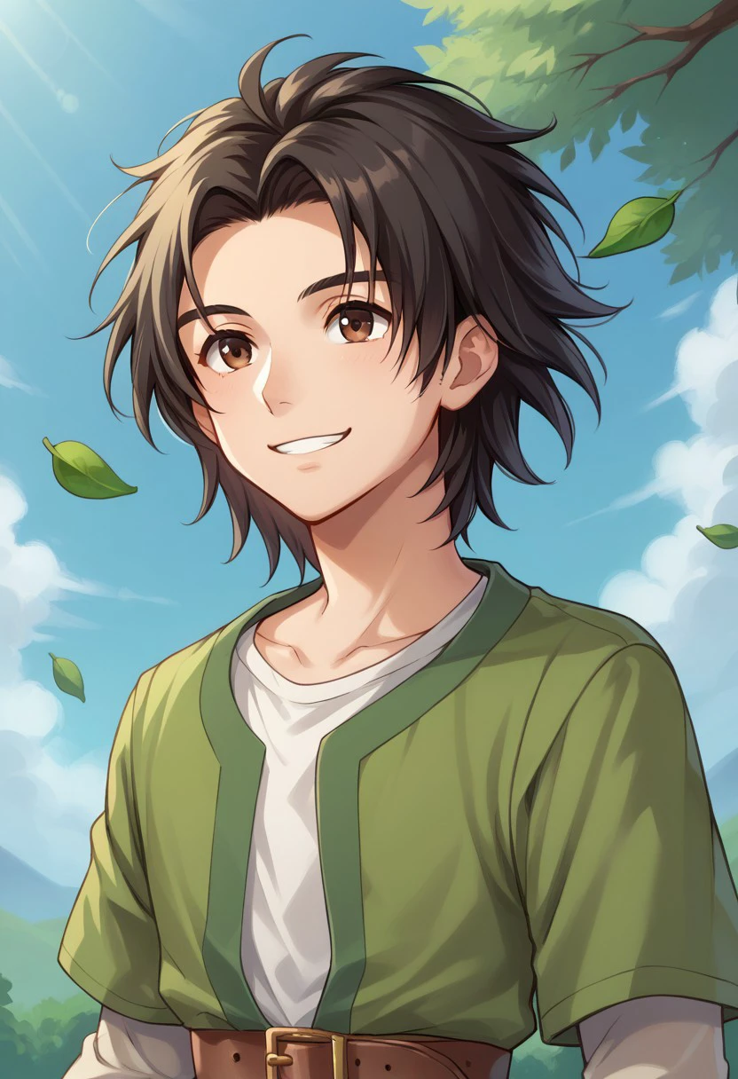 score_9, score_8_up, score_7_up, source_anime, highly detailed, 
herodq, 1boy, male focus, solo, black hair, brown eyes, shirt, white shirt, tunic, green tunic, layered sleeves, short over long sleeves, belt, upper body, smile, wind, hair moved by wind,
outdoor, wood,  sky,