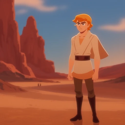 The image is a digital drawing in a stylized, animated art style, reminiscent of classic 2D cartoons. It depicts a young, blonde-haired boy standing in a fantastical, desert-like environment with towering, reddish-brown rock formations in the background. The boy has a determined expression and is dressed in a white, flowing tunic with a brown belt and brown pants.