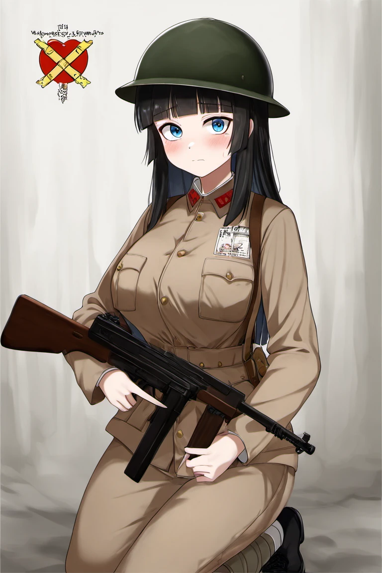 people,characters,copyright,style,general tags,rating,masterpiece,best quality,good quality,newest,
<lora:NRAuniform-v3IL:1>,
1girl,half kneeling,long hair,black hair,hime cut,blunt bangs,blue eyes,large breasts,narrow waist,wide hips,teenage girl,slim sexy body,cowboy shot,face focus,
gun,weapon,military_uniform,holding_gun,trigger_discipline,thompson SMG,submachine gun,helmet,solo,holding_weapon,khaki uniform,green helmet,us helmet,NRA1944,leg wrappings,leg_wrap,infantryman's puttee,black shoes,NRA soldier,closed mouth,blush,nervous,