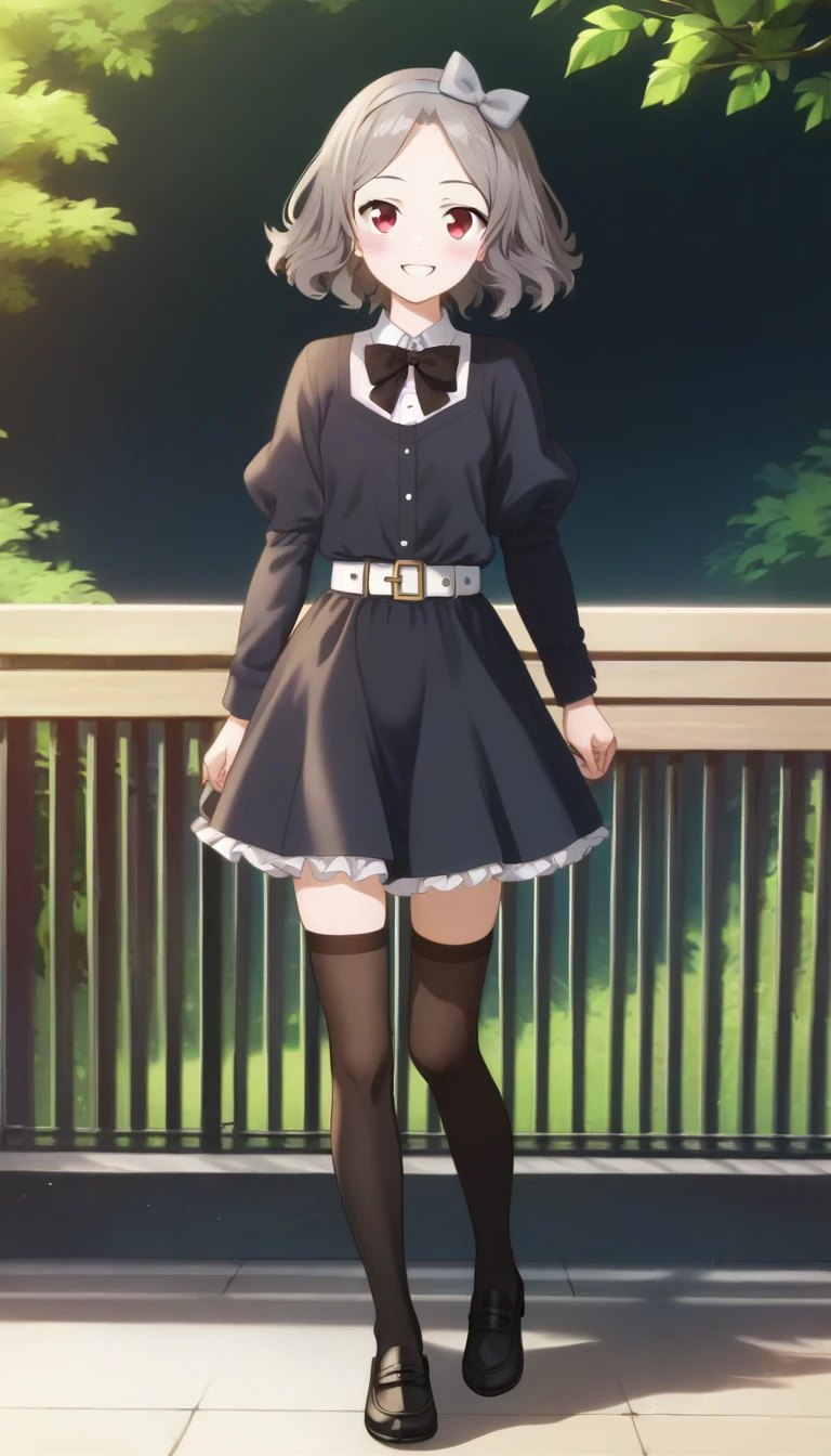 score_9,score_8_up,score_7_up,score_6_up BREAK official art,solo,outdoors,cowboy shot,looking at viewer,facing viewer,smile,blush,taut clothes,Tomo Ebizuka,wavy hair,grey hair,short hair,bow hairband,hair bow,grey bow,forehead,parted bangs,red eyes,collared dress,frilled dress,black dress,black bowtie,long sleeves,small breasts,white belt,zettai ryouiki,black thighhighs,loafers,black footwear,<lora:Tomo Ebizuka(gbc)-Pony:1.6>,