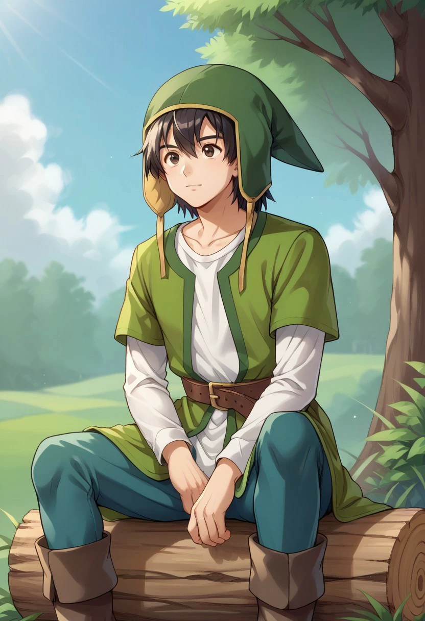 score_9, score_8_up, score_7_up, source_anime, highly detailed, 

herodq, 1boy, male focus, solo, black hair, hat, green headwear, brown eyes, shirt, white shirt, tunic, green tunic, layered sleeves, short over long sleeves, belt, pants, blue pants, boots, brown footwear, 
outdoor, wood,  sky, log, sit,