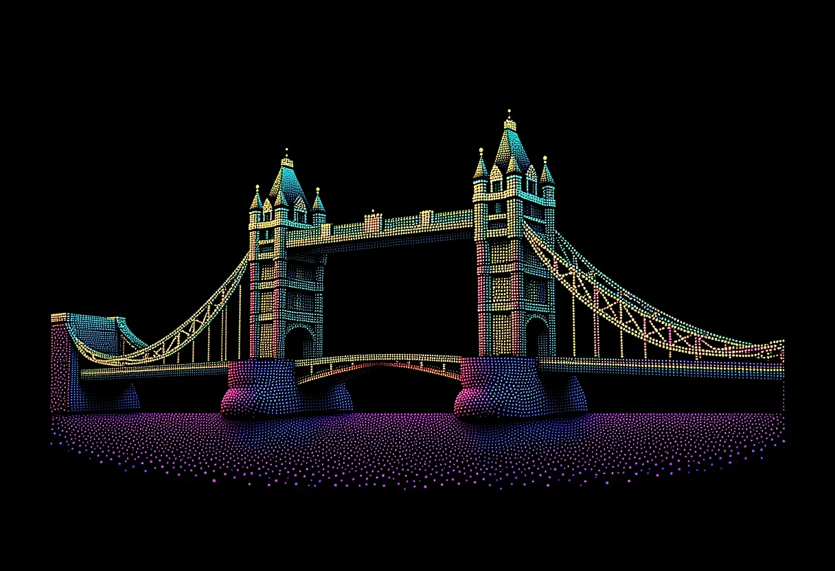 Tower Bridge, London, made from glowing dots, in the style of PSYCHDOT, isolated on a solid black background