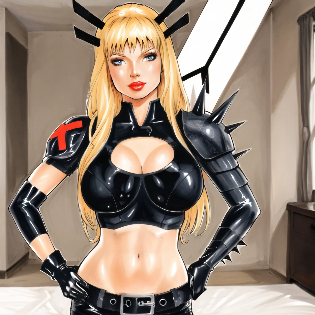 <lora:jefersonlimatraining1_pony_v1:.8>  jefersonlima_style, jefersonlima,  traditional media, marker (medium)  , cowboy shot <lora:magikmarvel_pony_v1:1> MagikMarvel, 1girl, large breasts, black thighhighs, blonde hair, midriff, long hair,  cleavage cutout, navel, short shorts, black gloves, spikes, belt, lips, bangs, blue eyes, toned, black shorts, crop top, shoulder armor, hands on hips, lipstick,eyeshadow, cowboy shot