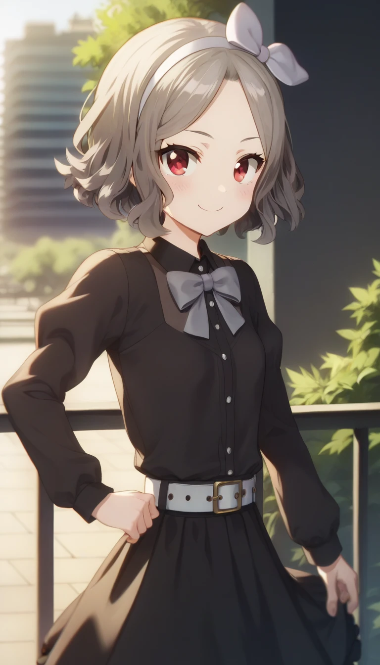 score_9,score_8_up,score_7_up,score_6_up BREAK official art,solo,outdoors,upper body,(portrait:1.5),looking at viewer,facing viewer,smile,blush,taut clothes,Tomo Ebizuka,wavy hair,grey hair,short hair,bow hairband,hair bow,grey bow,forehead,parted bangs,red eyes,collared dress,frilled dress,black dress,black bowtie,long sleeves,small breasts,white belt,zettai ryouiki,black thighhighs,loafers,black footwear,<lora:Tomo Ebizuka(gbc)-Pony:1.6>,