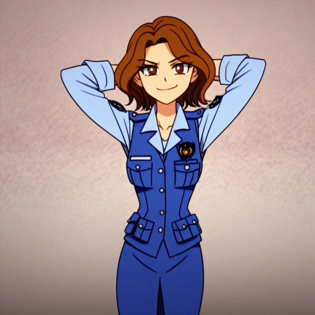 score_9, solo, kiyoka_k, brown hair, brown eyes, police uniform, pencil skirt, hands behind head, looking at viewer, smirk,