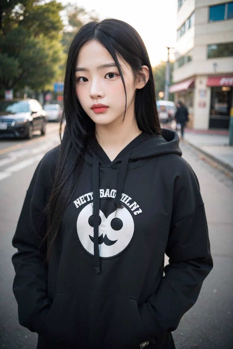 upper body photo of njminji in black hoodie, makeup, streets, day, hard shadows, (photorealistic:2.0), <lora:njminji-v3:1>