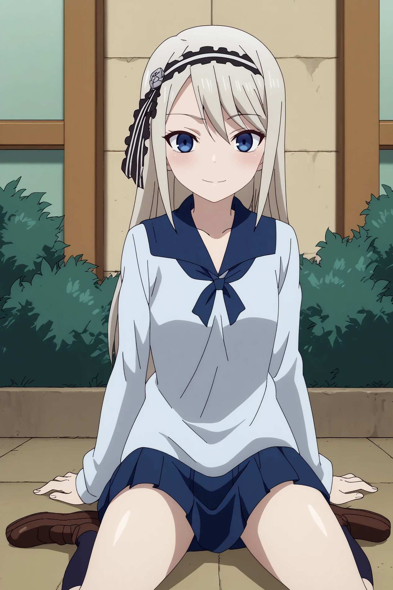 kei shirogane,1girl,solo,long hair,looking at viewer,hairband,long sleeves,shuuchiin academy school uniform,light smile,good_hands BREAK outdoors,school building,windows,plant,schoolyard  Sitting on the floor with legs apart and leaning back,  <lora:Kei_Shirogane_-_Kaguya_sama.safetensors:0.8>