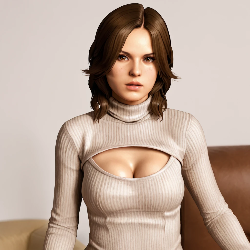 <lora:helenaharperre6_pony_v1:.8>  helenaharpersurvivor, 1girl, brown hair, medium breasts, brown eyes,  cowboy shot, <lora:open-chest-sweater-ponyxl-lora-nochekaiser:1> open-chest sweater, ribbed sweater, cleavage cutout, meme attire, clothing cutout, turtleneck, sweater dress, cleavage, clothes tug, sweater pull, cleavage reach,