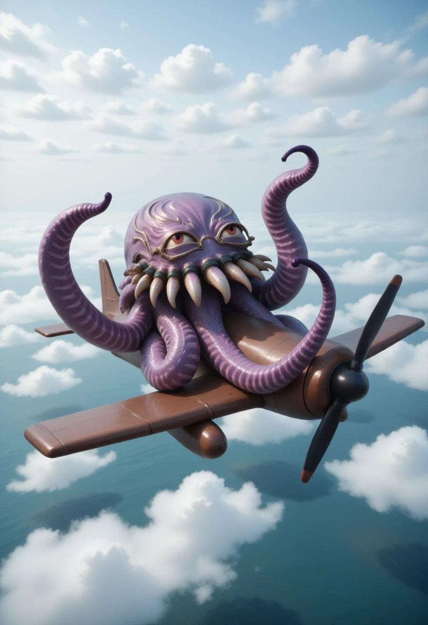 <lora:Ultros_-_Final_Fantasy_FLUX:1>
Photograph of a creature named Ultros, purple octopus with 8 tentacles, flying a prop plane, wearing goggles.